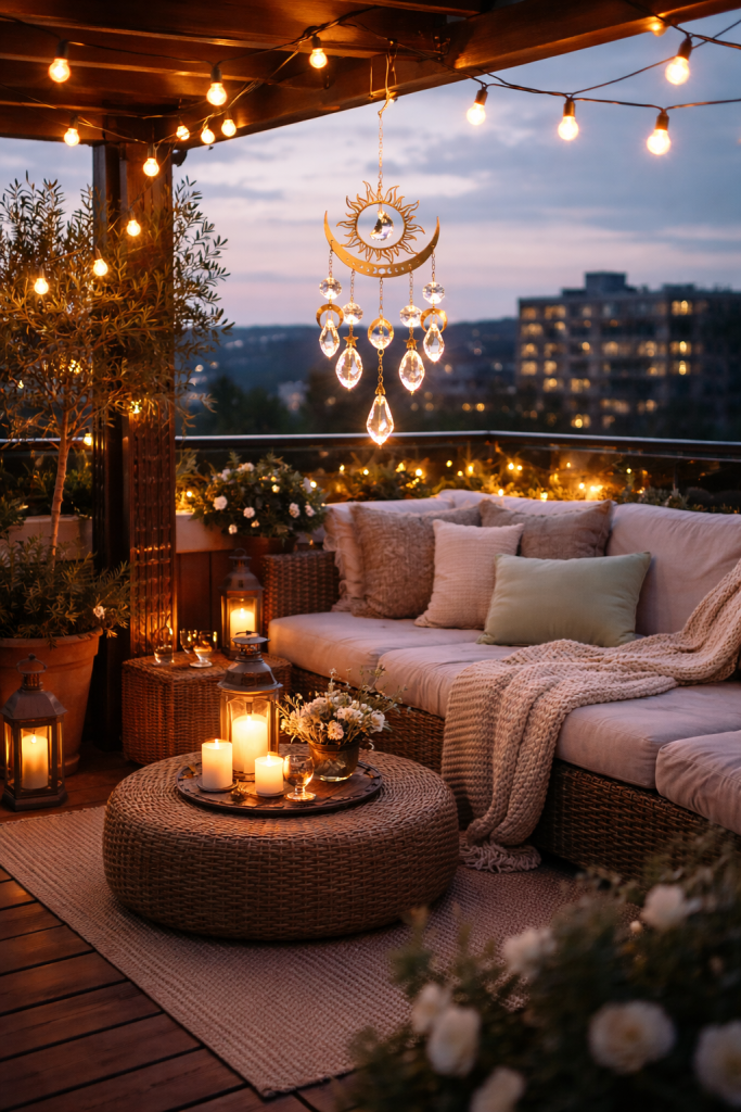 terrace cosy au crépuscule avec guirlande lumineuse